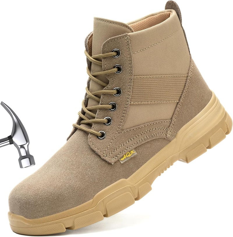MOFEELE Store Steel Toe Boots for Men or Women, Slip Resistant Work Boots Steel Toe Shoes Indestructible Tactical Mid Top Safety Shoes for Warehouse Industry Construction - Khaki - Image 1